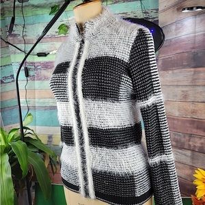 ALISON SHERI fuzzy zip-up jacket / cardigan, B&W & silver